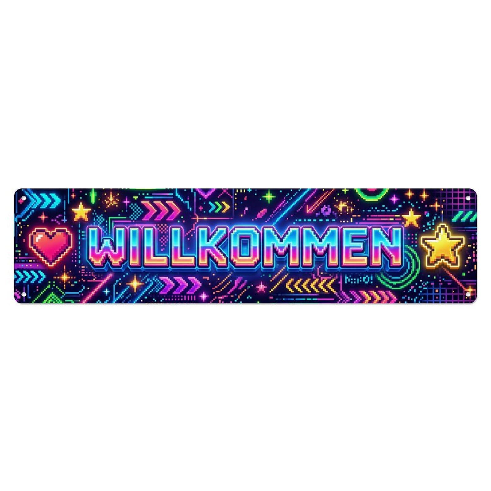 Neon Pixel Art Retro Gaming Welcome Metal Tin Sign