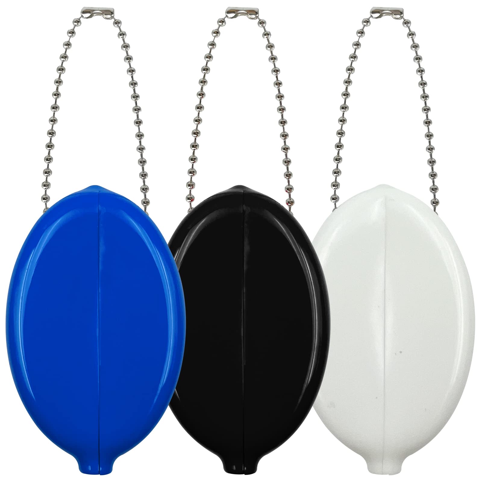 DEEZOMO 3 Pieces Rubber Coin Purse, 2 x 3 Inches Oval Squeeze Coin Holders With Chain for Women Men Travel (Max Blue/Black/White 3 Pack)