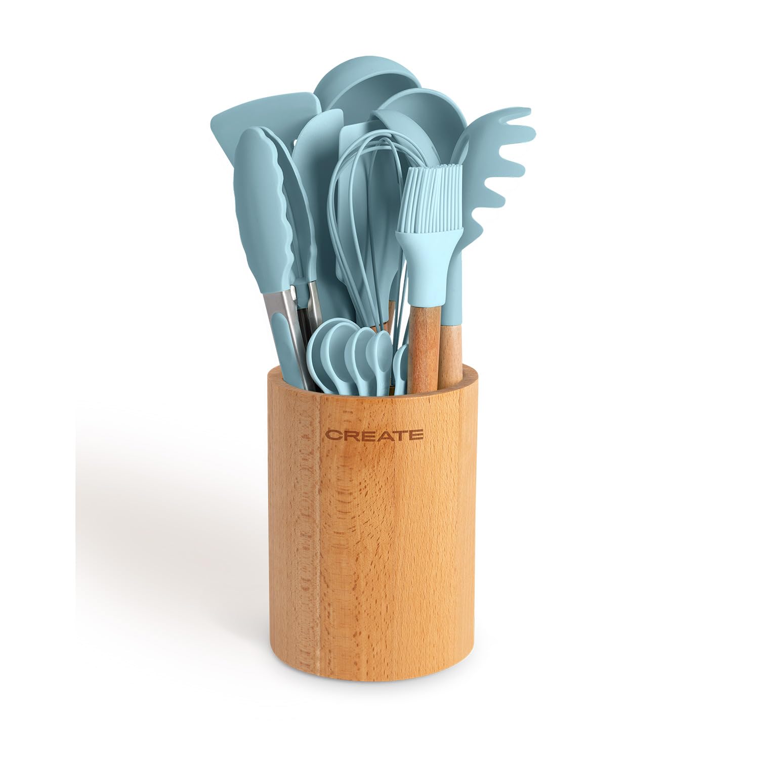CREATE/​Set de utensilios azul y madera / 11 utensilios, silicona y madera de haya, libres de BPA, resistente al calor hasta 230°C
