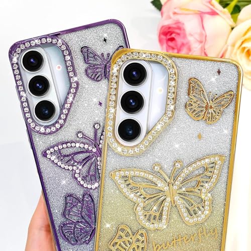 Image of Elzzi Electroplated Butterfly Phone Cover for Samsung S26 Plus Case, Showcasing Pearlescent Diamond Soft TPU, Camera Protection, Shockproof, Dropresistant Stylish for Girls & Women (Gold)