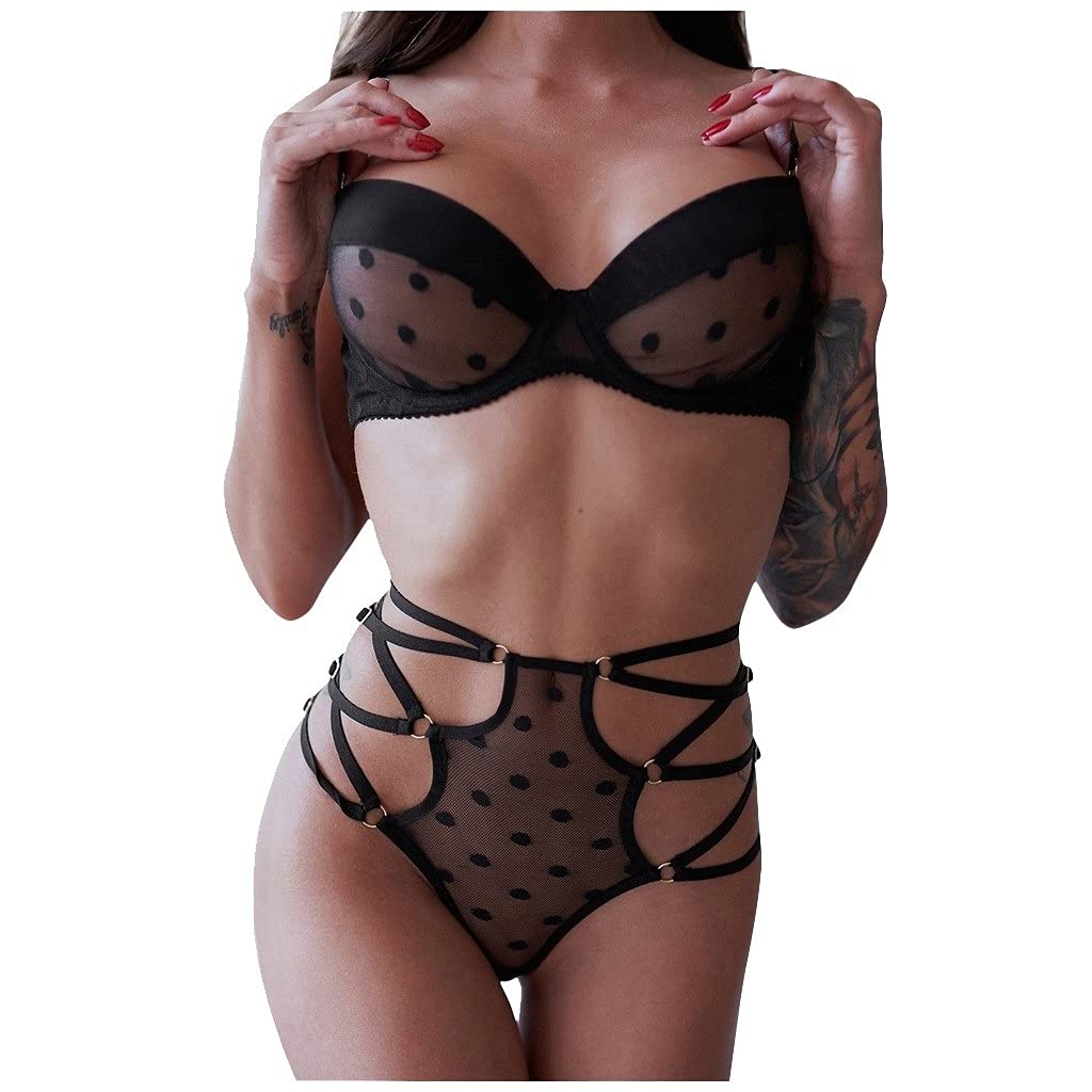 Lencería de mujer Ropa interior de mujer sujetador de encaje de talla grande conjunto de lencería de malla de lunares lencería ropa de dormir ropa interior de mujer ropa de dormir