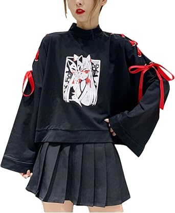 Women Anime Fox Sweatshirt Japanese Kitsune Mask Long Sleeve Shirt Kawaii Cute Harajuku Hoodie Streetwear Tops Clothes