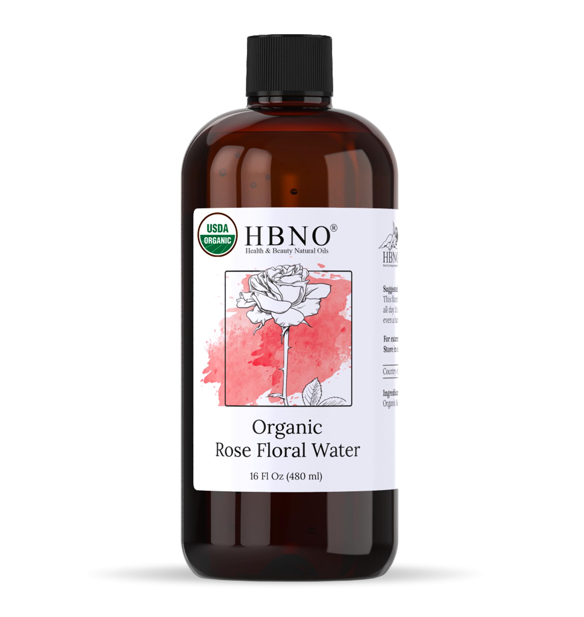 HBNO California Bottled Organic Rose Water for Face Huge 16 fl oz (480ml) Value Size - USDA Certified for Face - Pure Rose Water for Hair - Rosewater for Skincare, Haircare