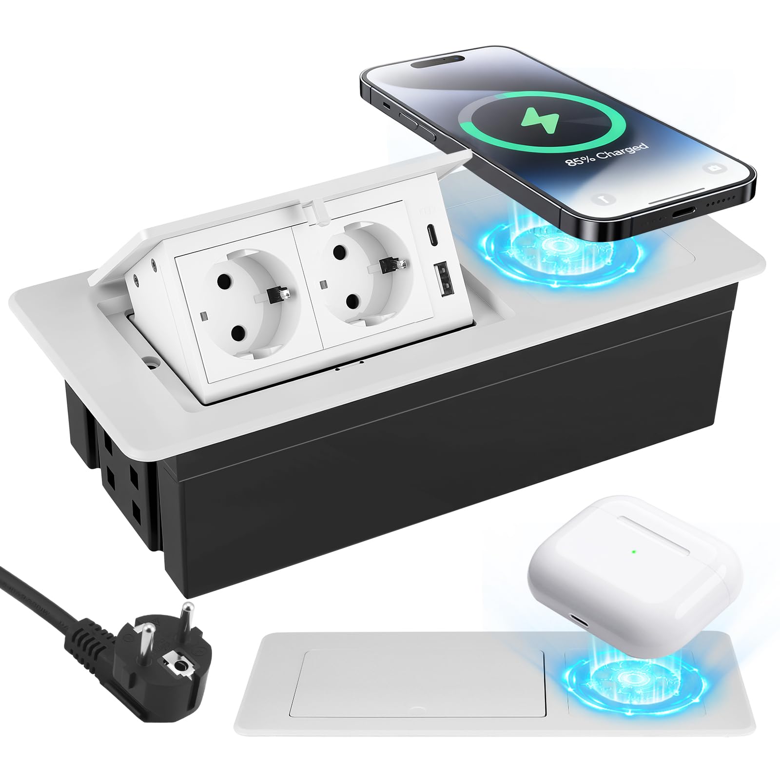 Presa a scomparsa con USB, presa elettrica da incasso con caricabatterie wireless 3 in 1, per telefoni cellulari, smartwatch e cuffie, presa da incasso per cucina, scrivania, tavolo da conferenza