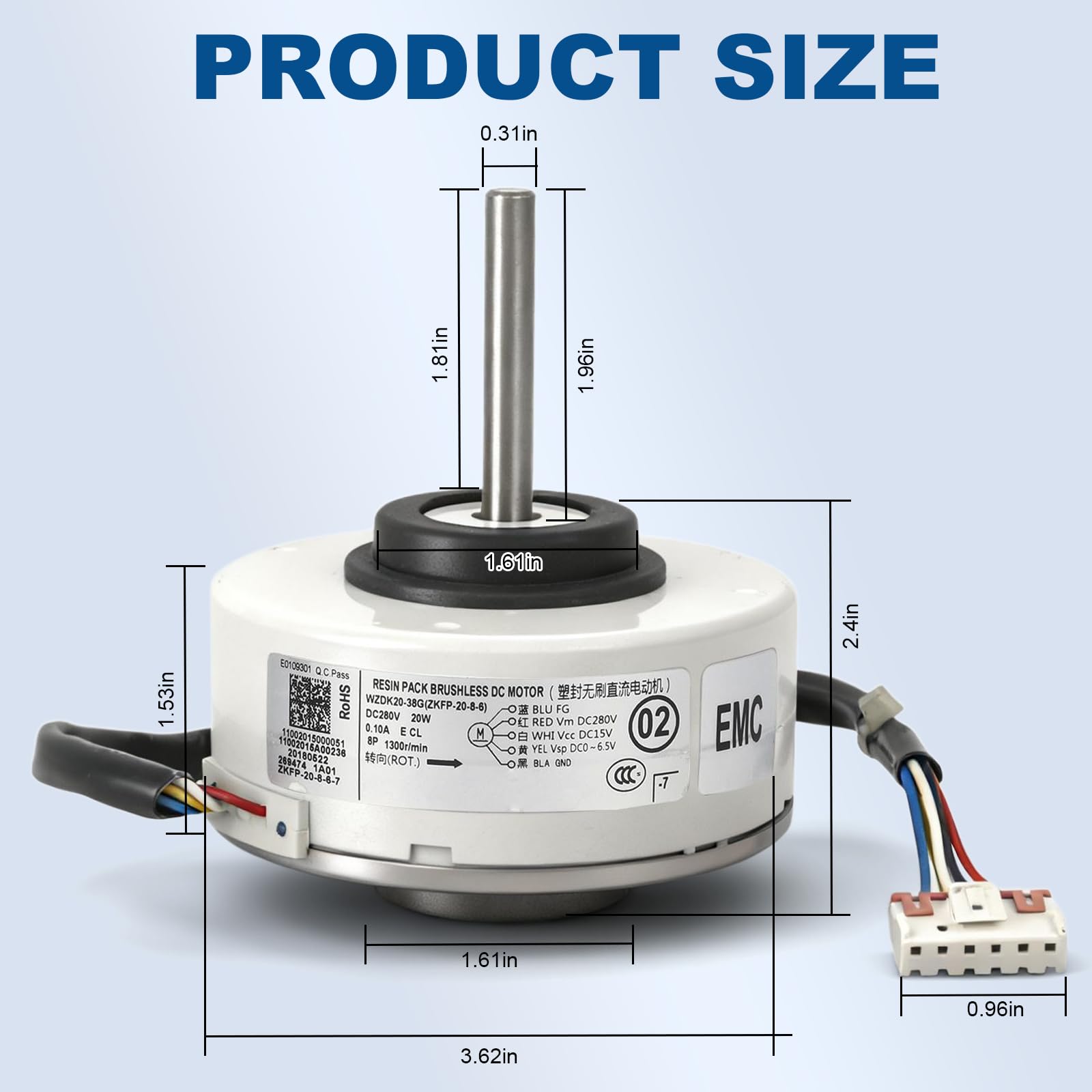 ZKFP-20-8-6 Motor de ventilador de aire acondicionado, OEM WZDK20-38G 20W inversor de aire acondicionado sin escobillas Motor CC para aire acondicionado central, CCW 1300rpm DC 280V 0.10A
