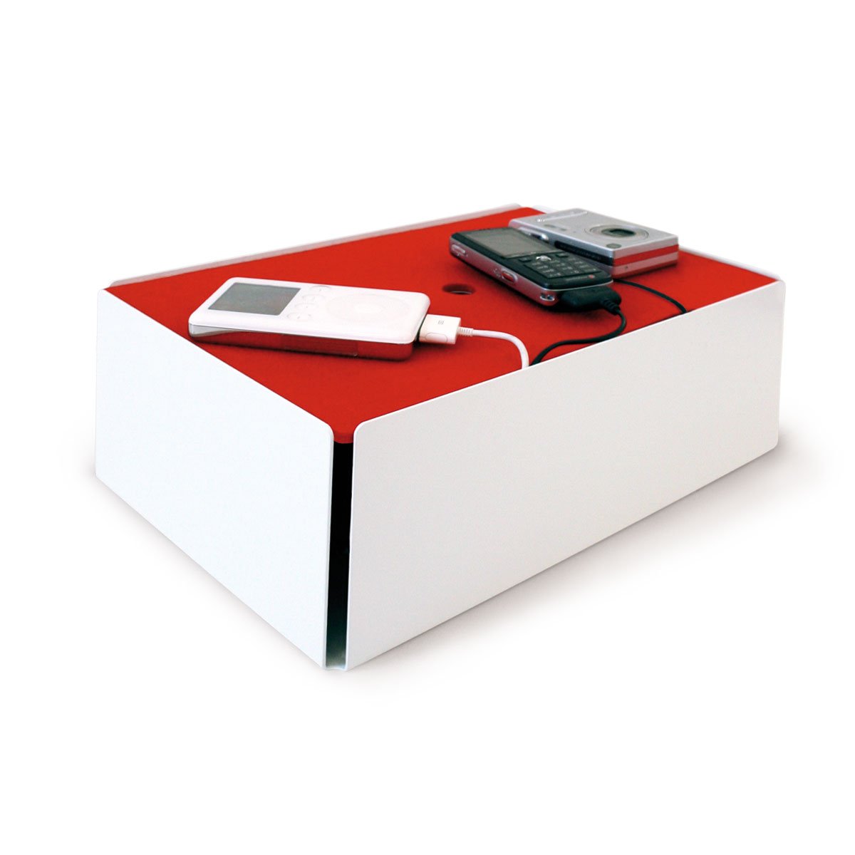 Konstantin Slawinski Charge-Box White/red/Cable Box for Management, Storage and Organisation of Plugs and Wires / 31.5 x 21 x 11.5