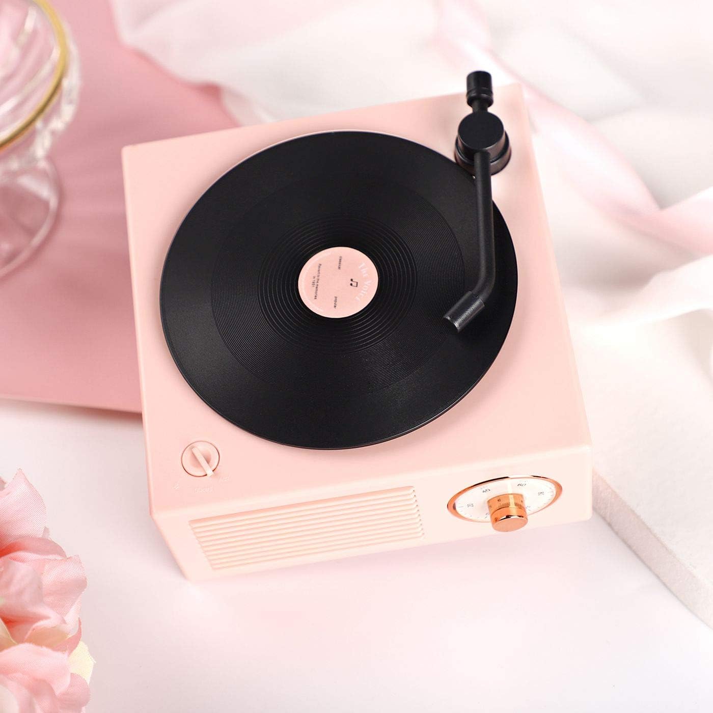 Old Fashioned Classic Style Bluetooth Speaker Cute Pink Look Creative Vinyl Record Player Gift for Girls Bass Enhancement Loud Volume Black Glue Speaker by Benzama