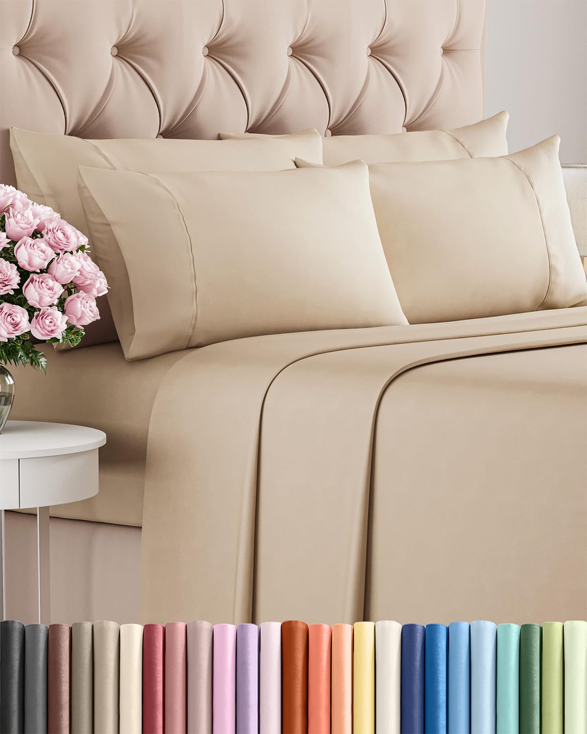 King Sheets Set 6 Piece - Bed Sheets King Size - Soft Hotel Luxury Bedding - Cooling, Comfy & Breathable - 1 Flat & 1 Fitted & 4 Pillowcases with Deep Pockets - Wrinkle Resistant & Fade Free - Cream