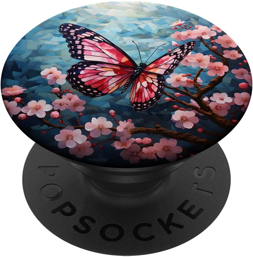 Pink Monarch Butterfly Cherry Blossoms Mosaic PopSockets MagSafe PopGrip for iPhone