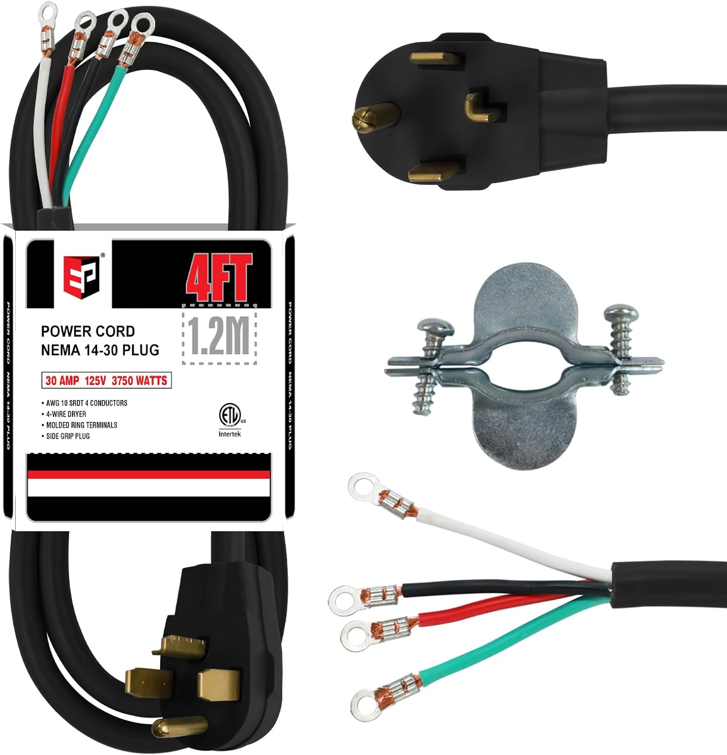 EP 4 Prong Dryer Cord, 4 ft 10/4 SRDT, 30Amp Appliance Extension Power Cord, NEMA 14-30, Grey