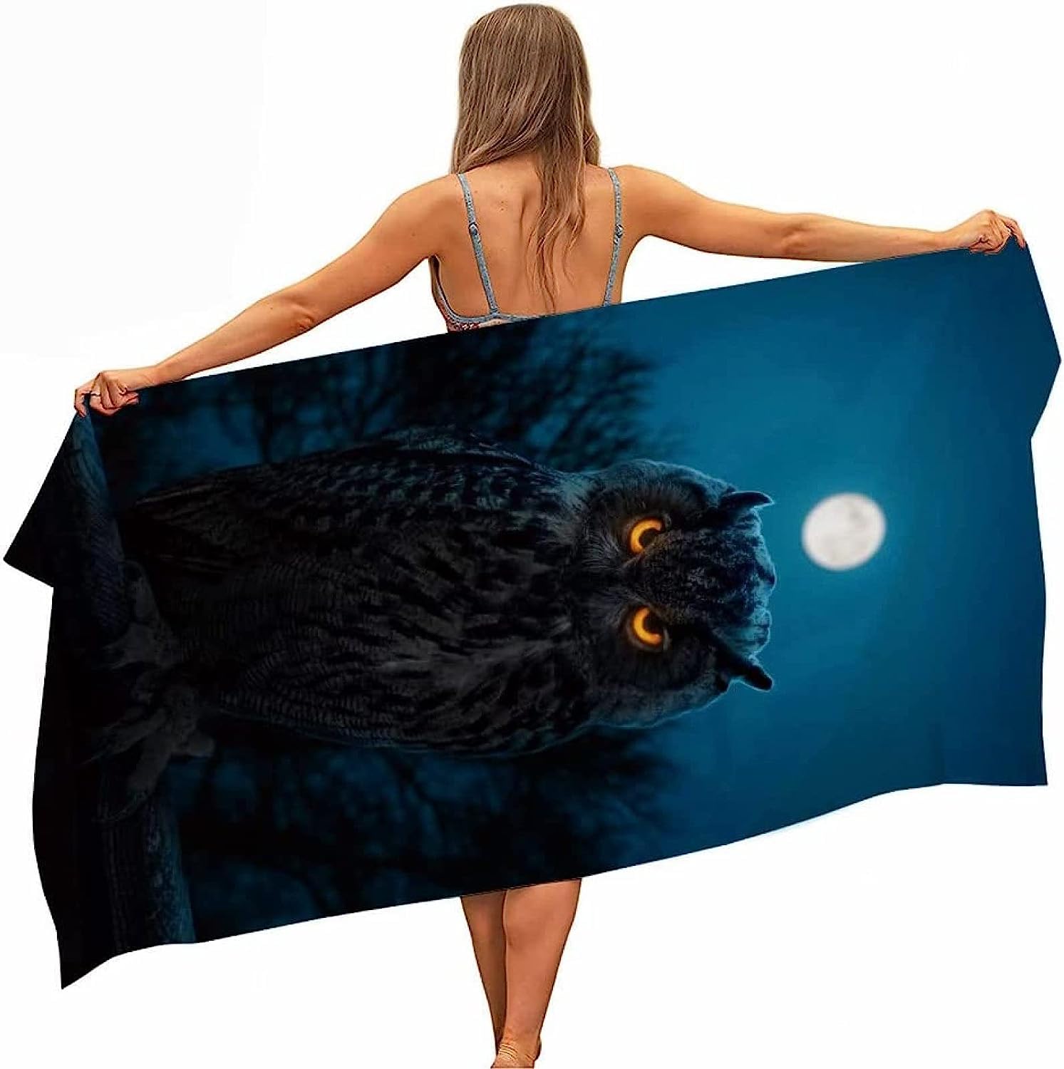 Serviette de plage hibou bleu, microfibre absorbante, couverture de