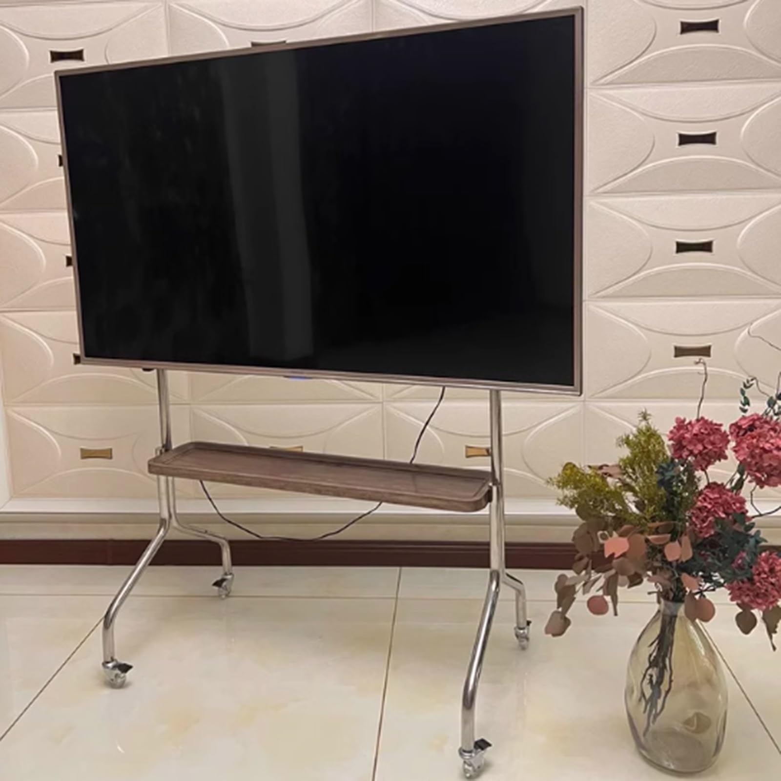 Porta TV da Terra Mobile per Schermo da 49-75 Pollici, Mobili Porta TV da Terra, capacità di Carico 50 kg, Comodo Spazio di Archiviazione, per Aziende, Uffici, Scuole(Black)