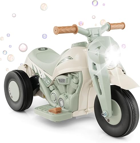 HONEY JOY Motocicleta de paseo de 6 V con fabricante de burbujas, luz LED, música, pedal de pie, adelanteatrás, motocicleta eléctrica de 3 ruedas