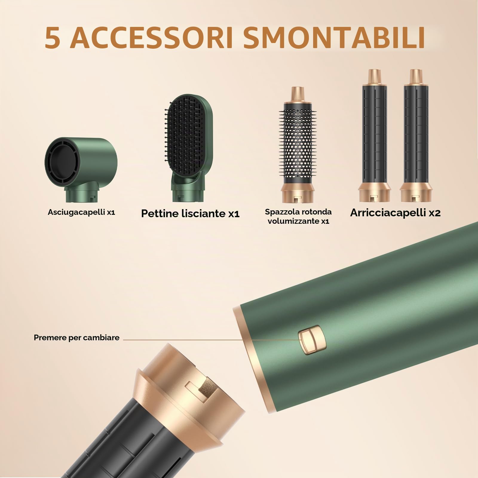 MogaWave Airbrush 5 in 1 Air Styler Pro Hair styler con 1000W Spazzola Asciugacapelli, Spazzola Phon per Capelli, Spazzola Aria Calda, Phon Arricciacapelli ad aria, Asciugacapelli Spazzola