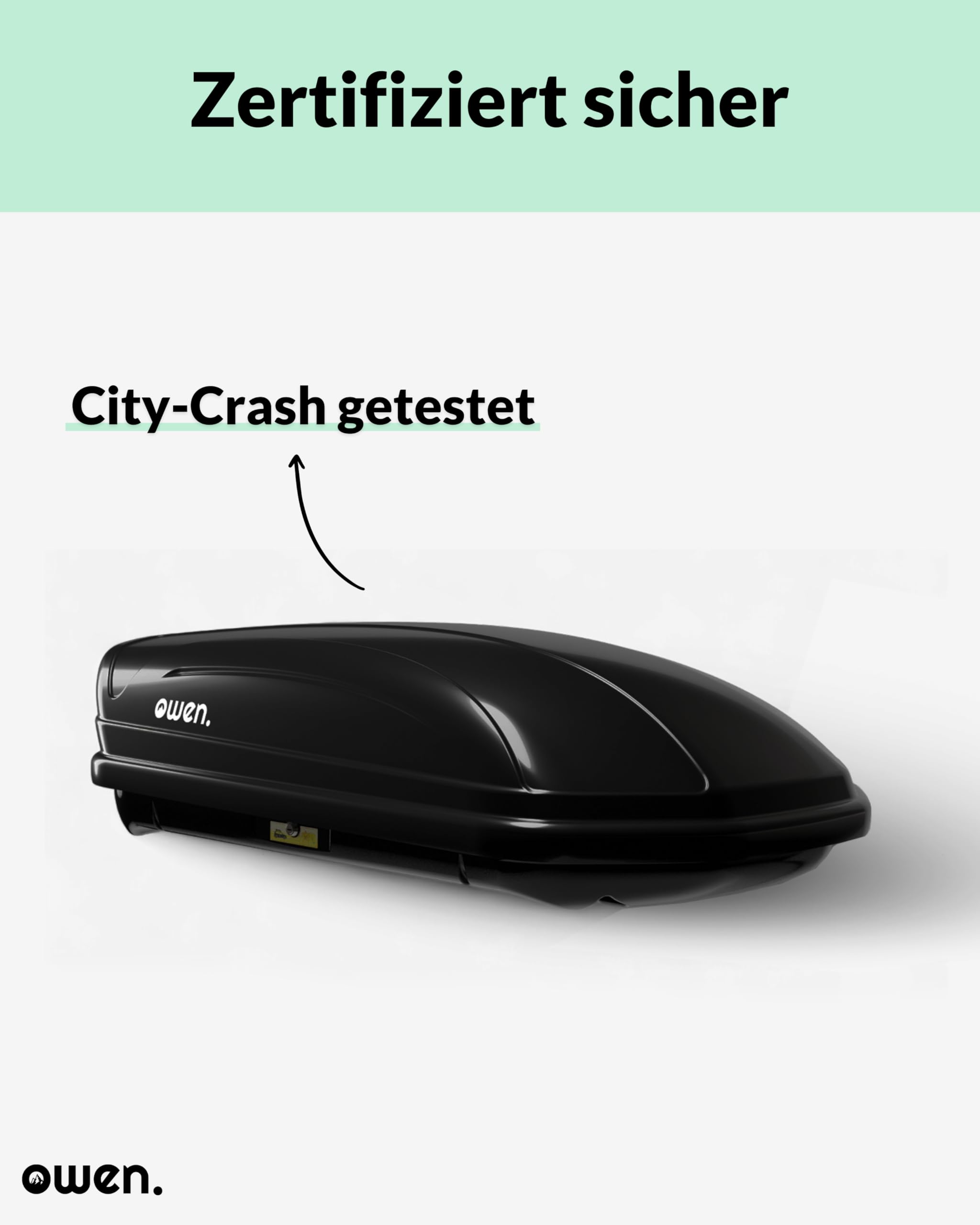 Owen Dachbox 320L | Kompakt, aerodynamisch & wetterfest | City-Crash-getestet für höchste Sicherheit | 50 kg Tragkraft | Abschließbar mit rechtsseitiger Öffnung | Einfache Montage | Glänzend Schwarz