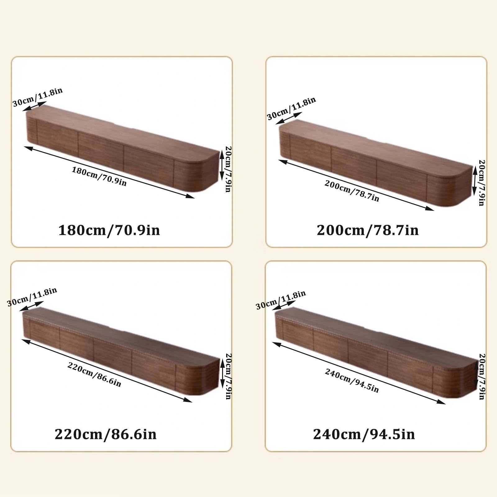 Moderner, schwebender TV-Schrank, Wandmontage, 199,9 cm, Gummi-Holz, Aufbewahrungskonsole für Wohnzimmer, stilvolles Media-Center mit Wut-Raum