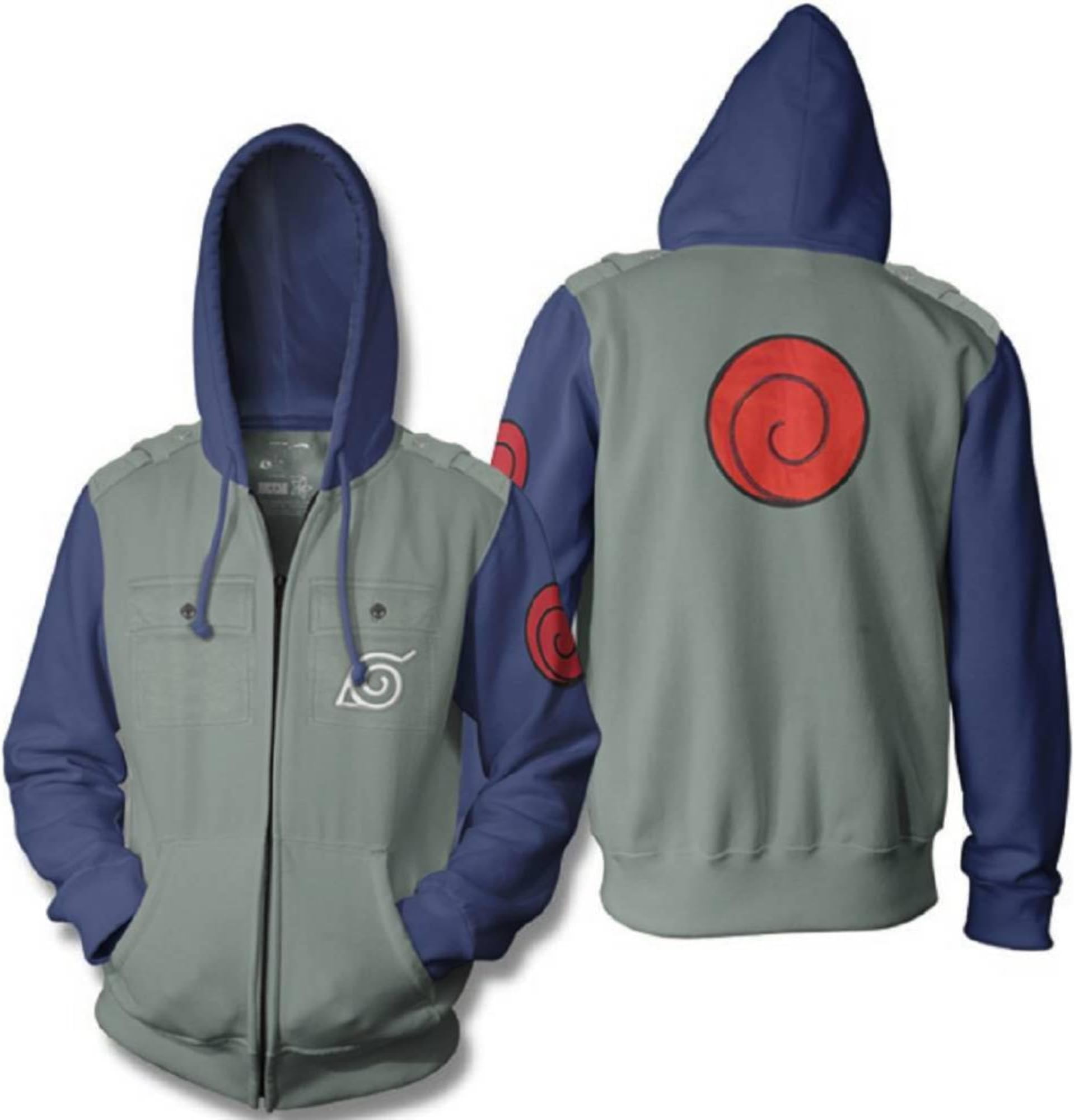 Naruto Shippuden Men's Authentic Full Zip Hooded Sweatshirt w/Chest Pockets Epaulettes Officially Licensed