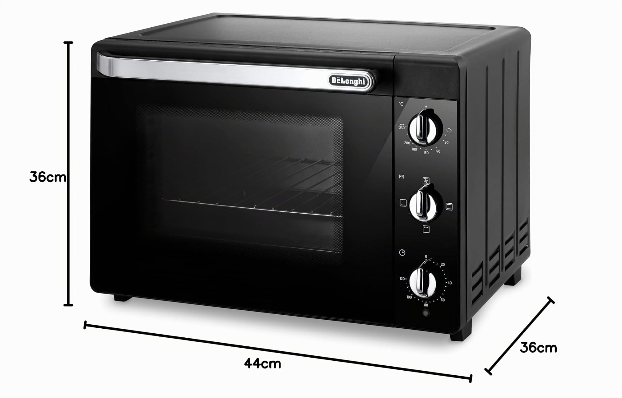 De'Longhi Four électrique, 5 niveaux de cuisson, température 80 – 230 °C, minuteur, capacité 40 L, comprend plaque de cuisson, grille et pince EO40112.BK, puissance 2000 W, noir