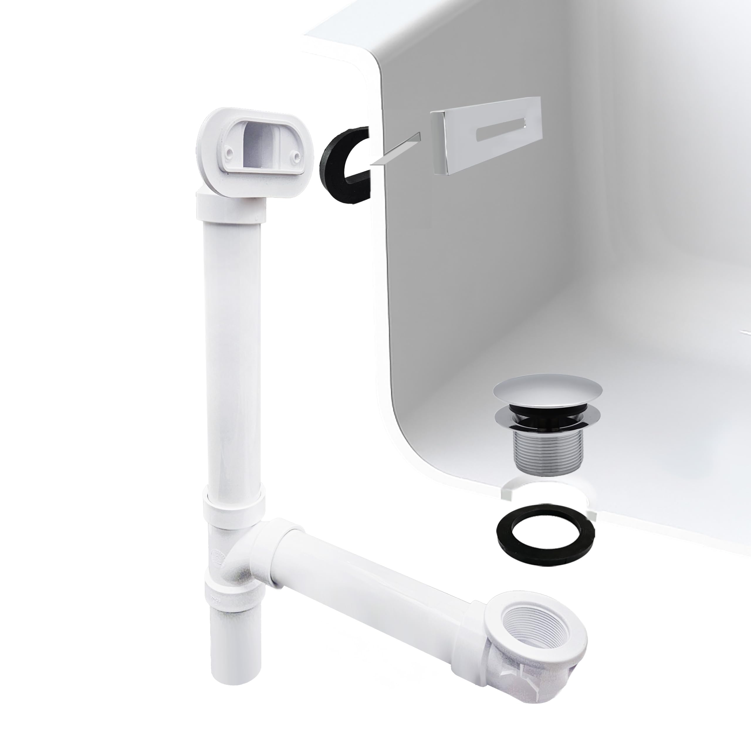 Westbrass A493244LD-26 48,3 cm SCH. 40 PVC-Badeab- und Überlauf-Montage mit Spitzen-Ablaufstopfen und linearer Überlaufblende, verlängertes Wannenablauf-Set, poliertes Chrom