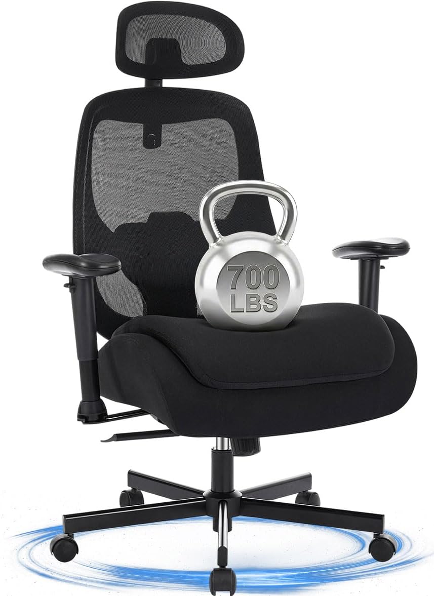 BOSMILLER Big and Tall Office Chair with Wide Thick Seat Cushion for Heavy People,700lbs Ergonomic Mesh Desk Chair with Adjustable Lumbar Support and Headrest, Armrests for Adults Sitting All Day