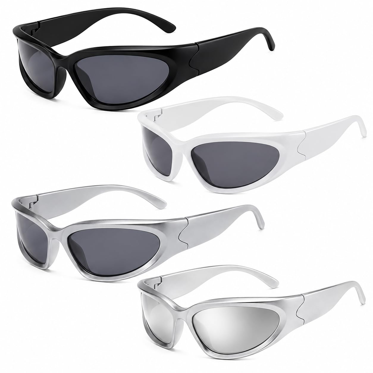 CAWRUKP 4PCS Rave Glasses, Punk Style Eyewear, Vintage Oval Design for Music Festivals and Outdoor Sports, Black Grey Solid White Grey Silver Grey Silver White Frames