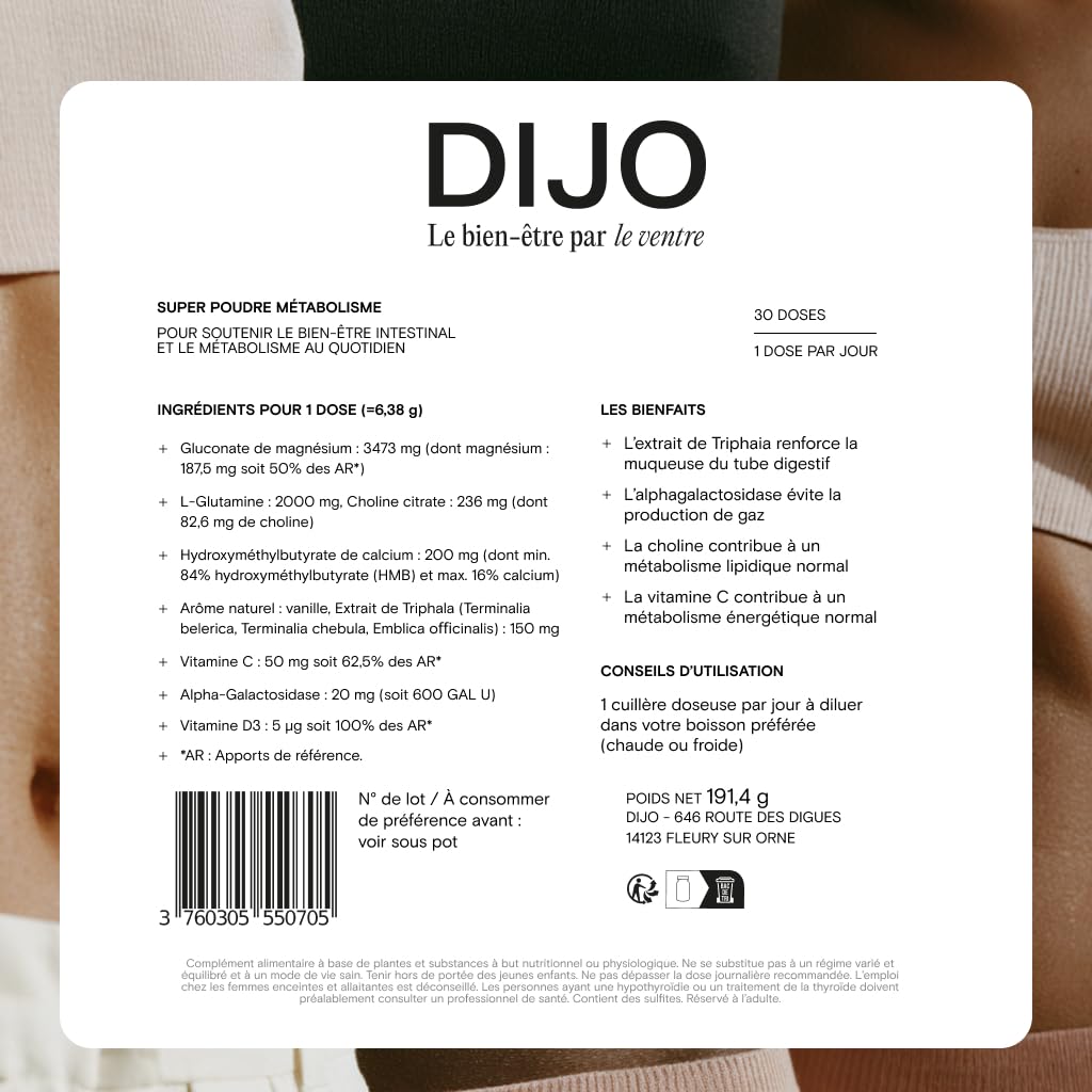 DIJO – Super Poudre Métabolisme & Digestion – Énergie, Réduction de la Fatigue – Équilibre Glucose & Cholestérol – Triphala, Magnésium, Vitamines C & D3 – Vegan – 191,4 g