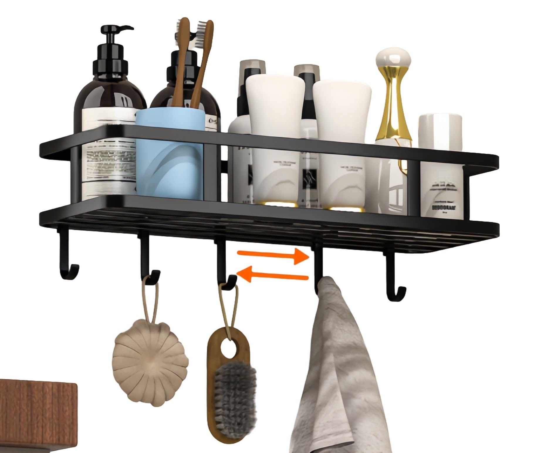 SEIDO Bathroom Shelf Wall Mount - 12 L Shower Caddy with 5 Hooks Drainage Holes Adhesive Kitchen Storage