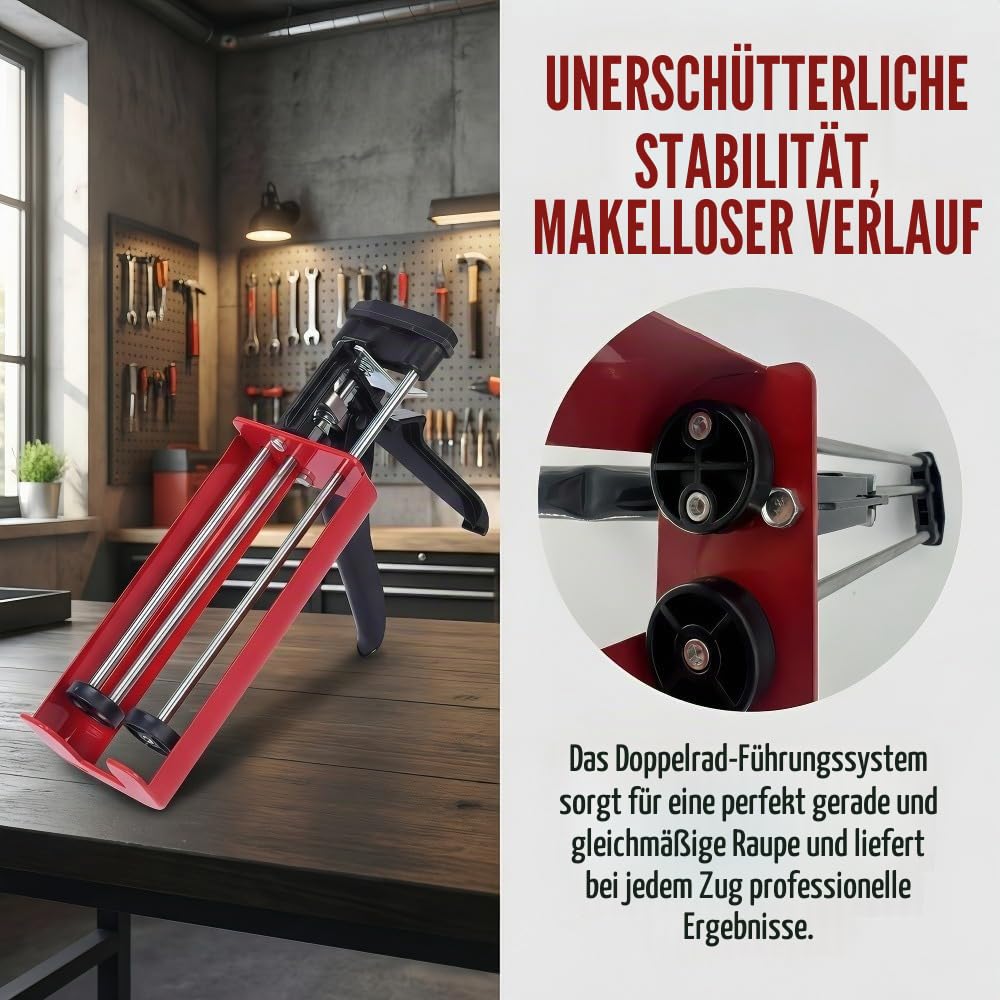 Doppeldichtstoffpistole für Doppelkomponenten (Mischungsverhältnis 1:1), bis zu 400 ml, manuelle Dichtstoffpistole für Klebstoffe, Dichtstoffe, Epoxid, mit 2 Silikon-Nahtwerkzeugen, Rot