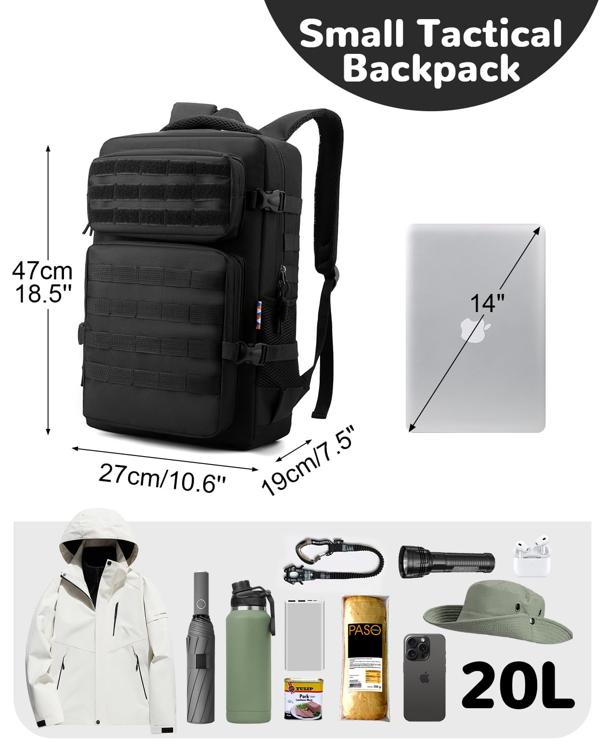 Zaino Militare Tattico 20L, Zaino Tattico Impermeabile, Zaini Trekking Escursionismo Multitasche per Campeggio Pesca Viaggio, Nero
