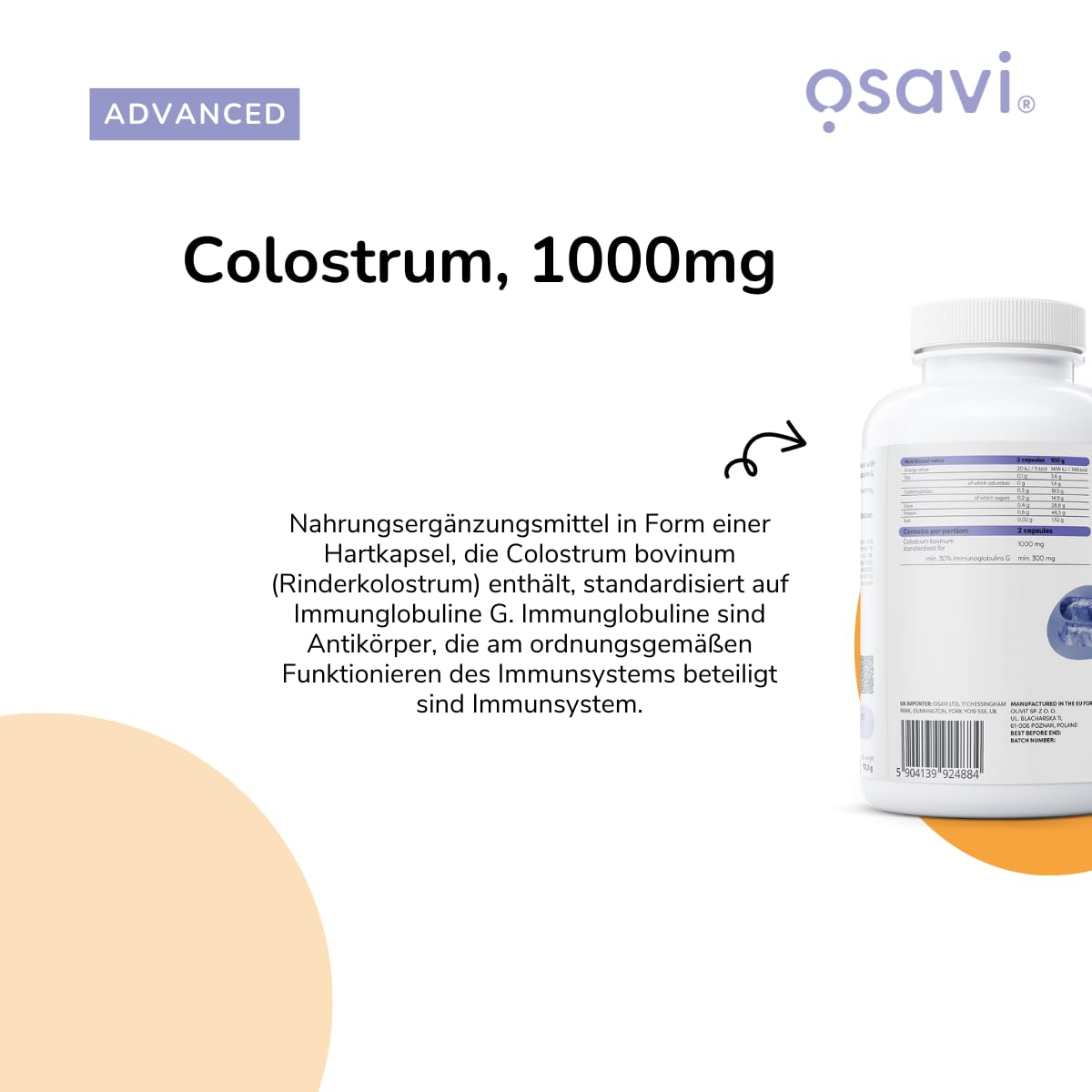 Osavi Colostrum 1000 mg – 180 Kapseln | Hochpotentes Bovine Kolostrum mit 30% Immunoglobulinen G | Herkunft von Holstein-Friesian Kühen | GMO-frei
