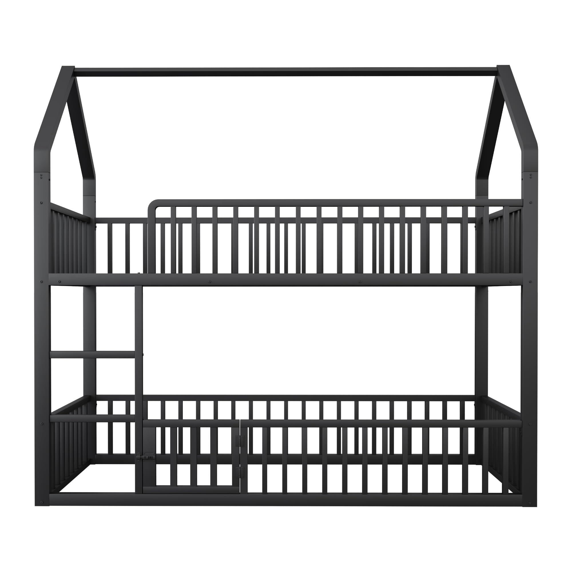 Letto a castello per bambini a forma di casa 90x200 per 2 bambini, lettino in metallo con scala e griglia di sicurezza, letto inferiore con porta piccola per aprire e chiudere (nero, 90x200)