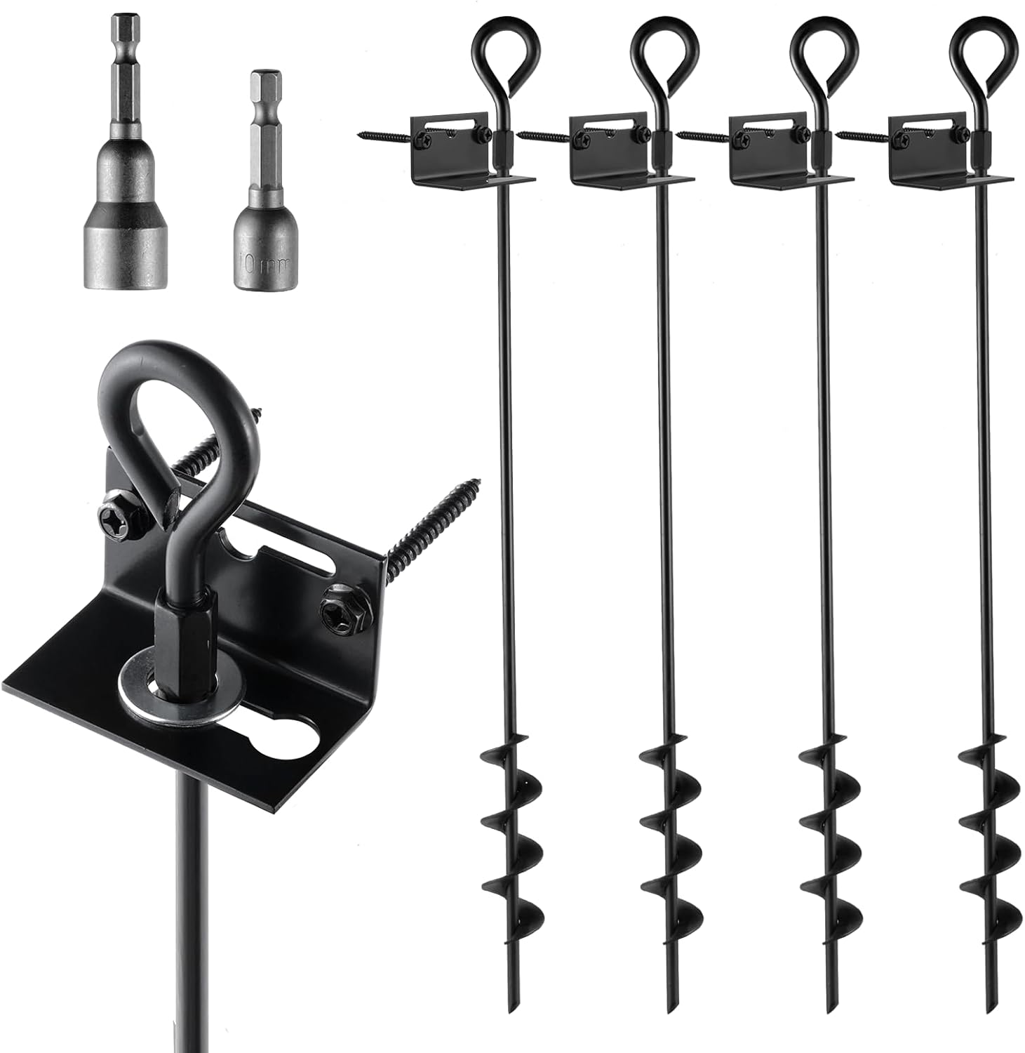 MIXXIDEA 24 in Mobile Home Anchors, Metal Ground Anchor Screw in, Heavy-Duty Earth Anchors with Adapter for Drill, Anchor Kits Set of 4 for Storage Shed, Swing, Trampoline, Tent (Black-4pk)