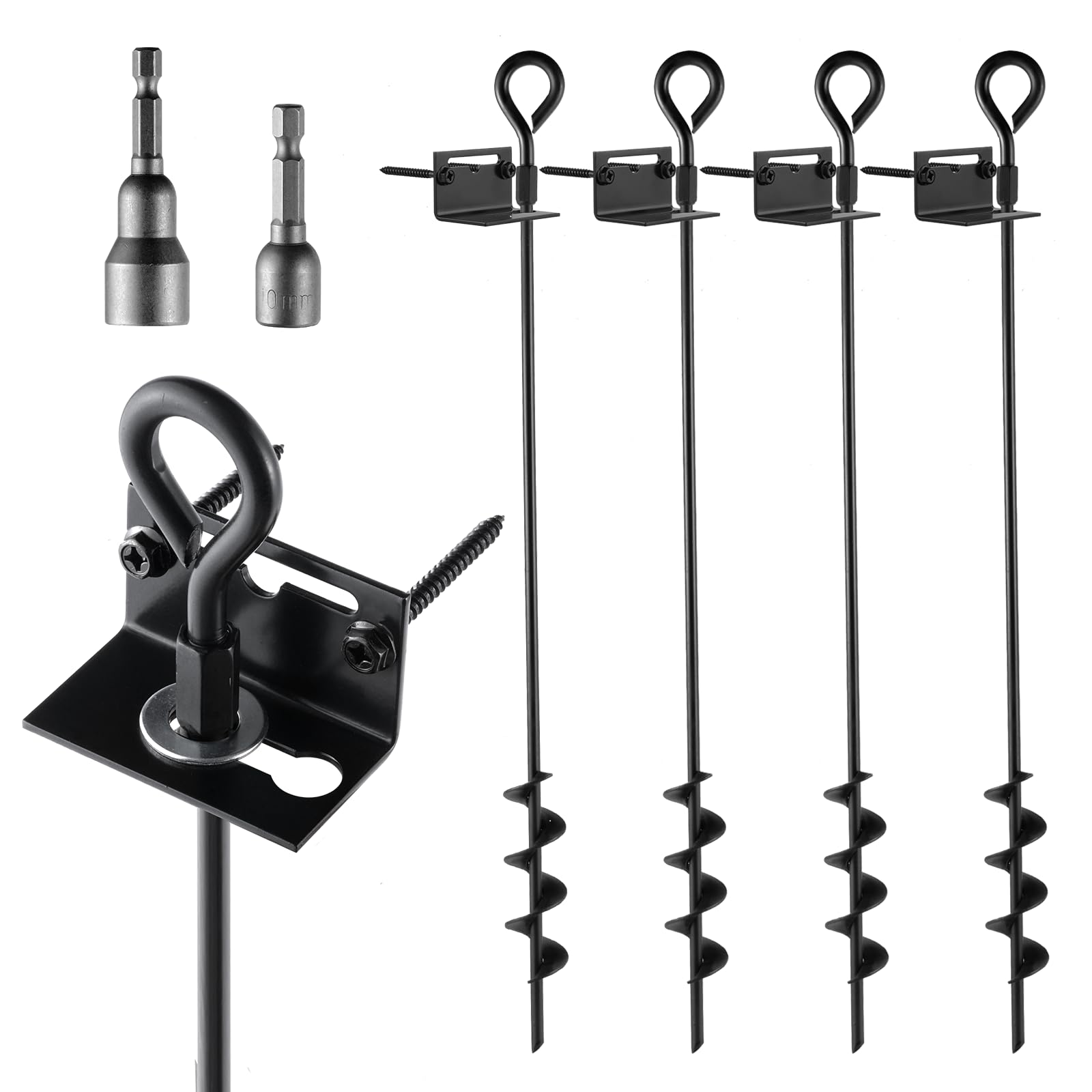 mixxidea 24 in mobile home anchors, metal ground anchor screw in, heavy-duty earth anchors with adapter for drill, anchor kits set of 4 for storage shed, swing, trampoline, tent (black-4pk)
