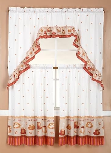 Diamond Home Linens Juego de 3 niveles de cortina de cocina impresos y cenefa de 36 pulgadas de largo (marróncafé)