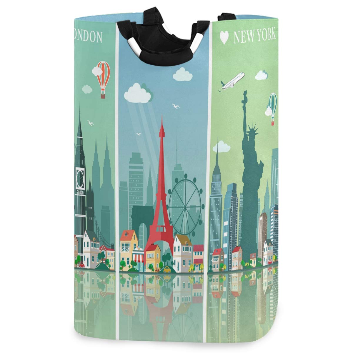 visesunnyvisesunny New York London Cities Skylines Set Large Laundry Hamper with Handle Foldable Durable Clothes Hamper Laundry Bag Toy Bin for Bathroom, Bedroom, Dorm, Travel