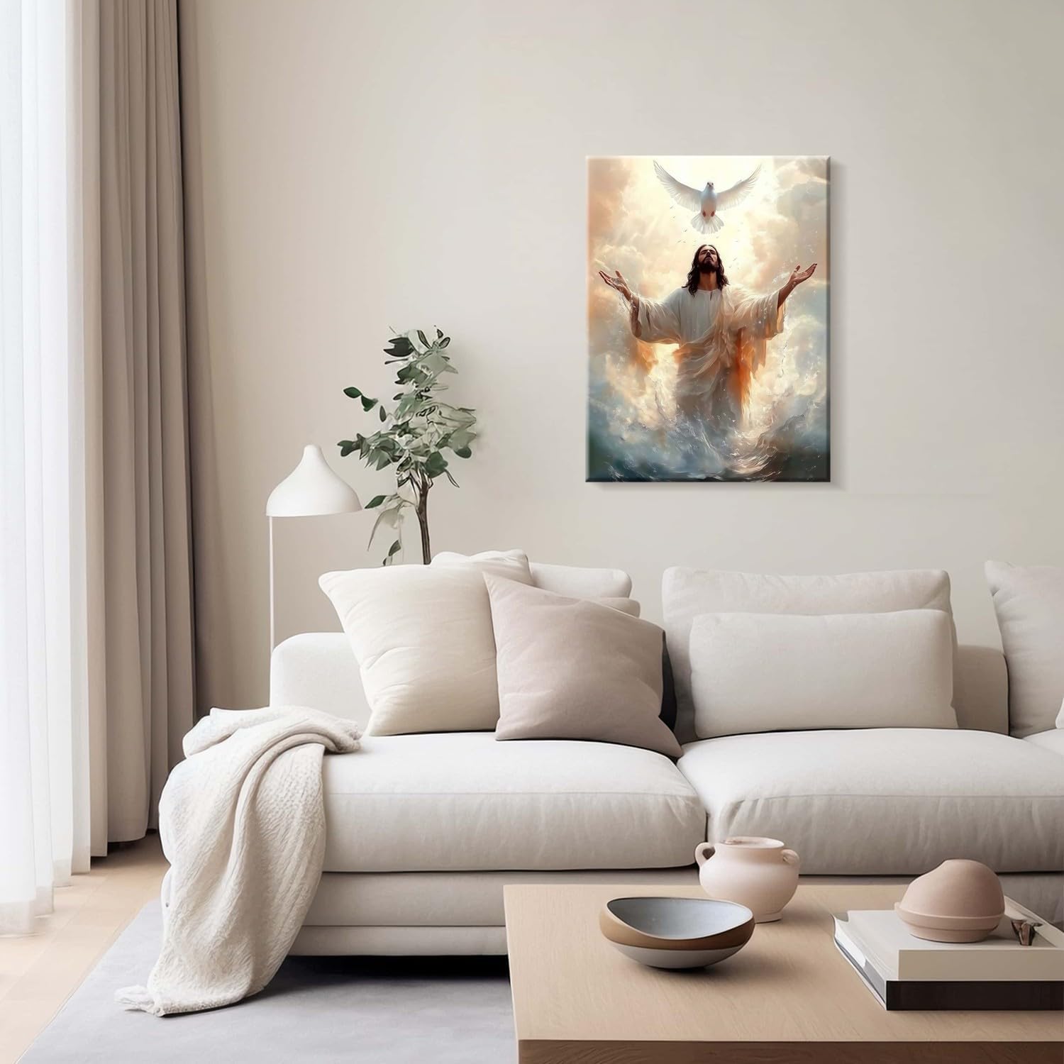 Framed Jesus Canvas Wall Art White Dove and Jesus Wall Decor Picture Christian Poster Painting Decoration Unique Print Wall Decor Living Room Bedroom Church Decor 12x16 Inch Ready to Hang - Image 3