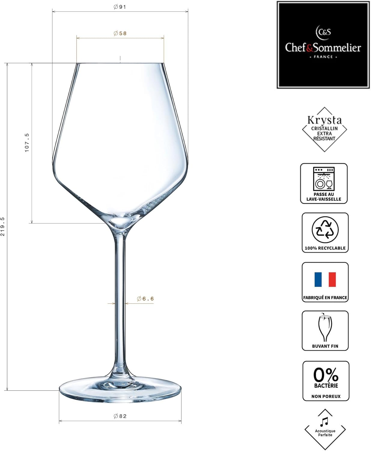 Chef&Sommelier - Distinction Collection - 6 Wine Glasses 38cl - Made in France - Sturdy Packaging