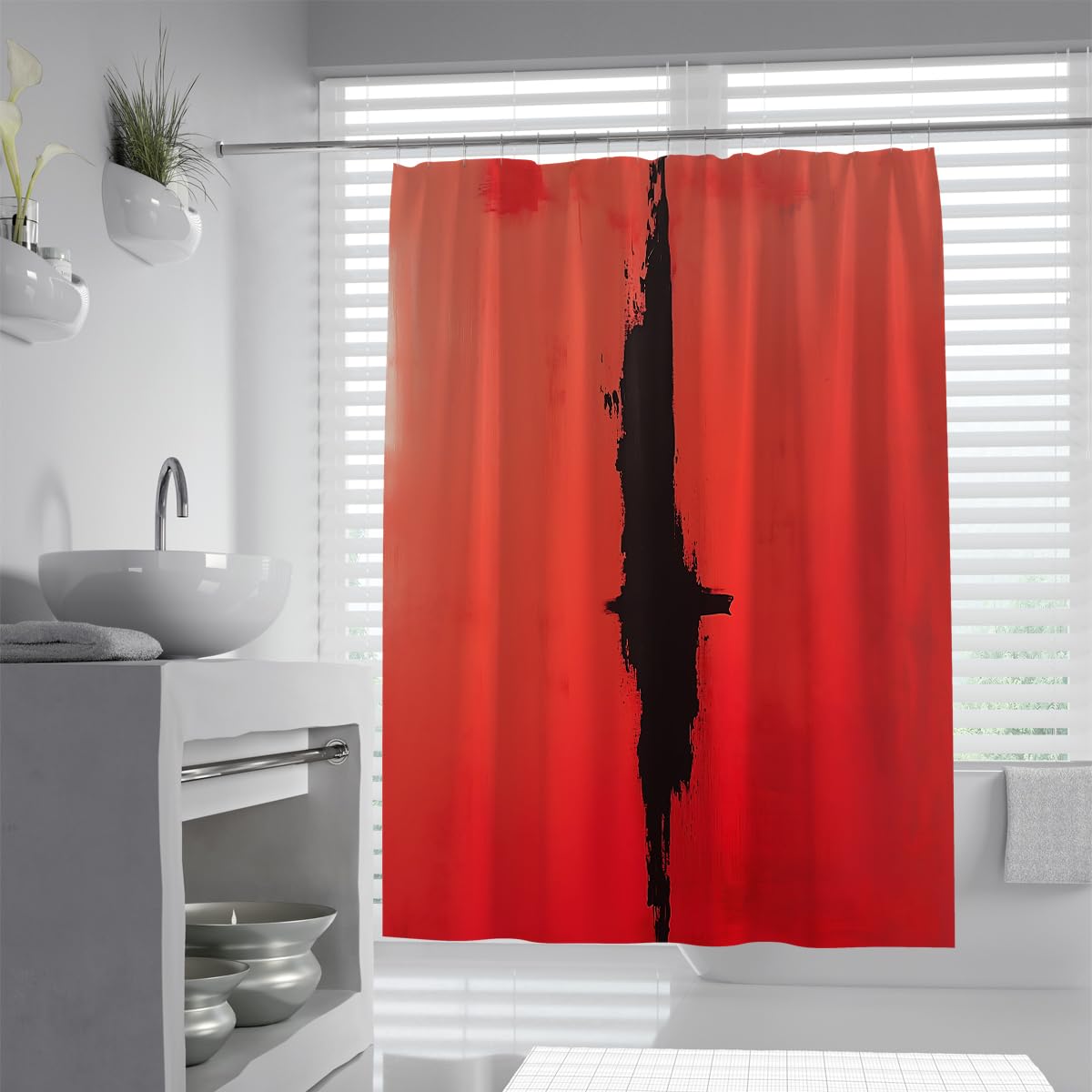 OLLIAR Home Red Shower Curtain Abstract Black Brushstrokes Painting Art Modern Boho Farmhouse Waterproof Fabric Bathroom Decor Set with Hooks 100x200cm