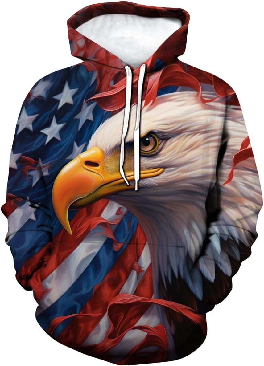 LAOLIUSN Men's 3D Eagle Print Hoodie - Patriotic Theme, Animal Graphic Sweatshirt