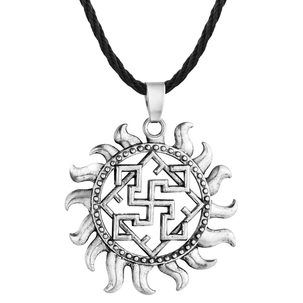 Yellow Chimes Silver Plated God Sun Swastika Symbol Black Leather Rope Pendant Necklace for Men and Women (B08GXCD1LL) Amazon Price History, Amazon Price Tracker