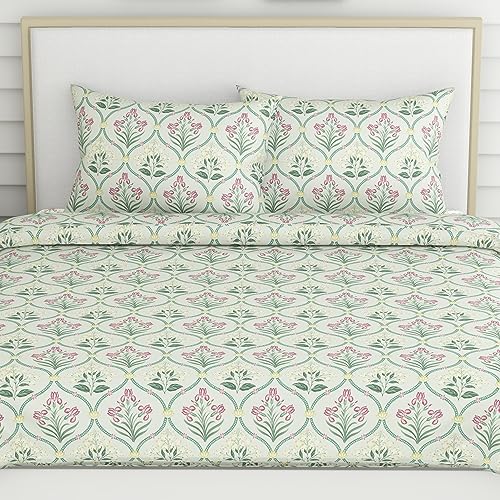 Haus & Kinder 100% Cotton Bedsheet for Double Bed | 186 TC Queen Size Bed Sheet | Size 90 x 100 inches | 2 Pillow Covers | Green Blossom Floral