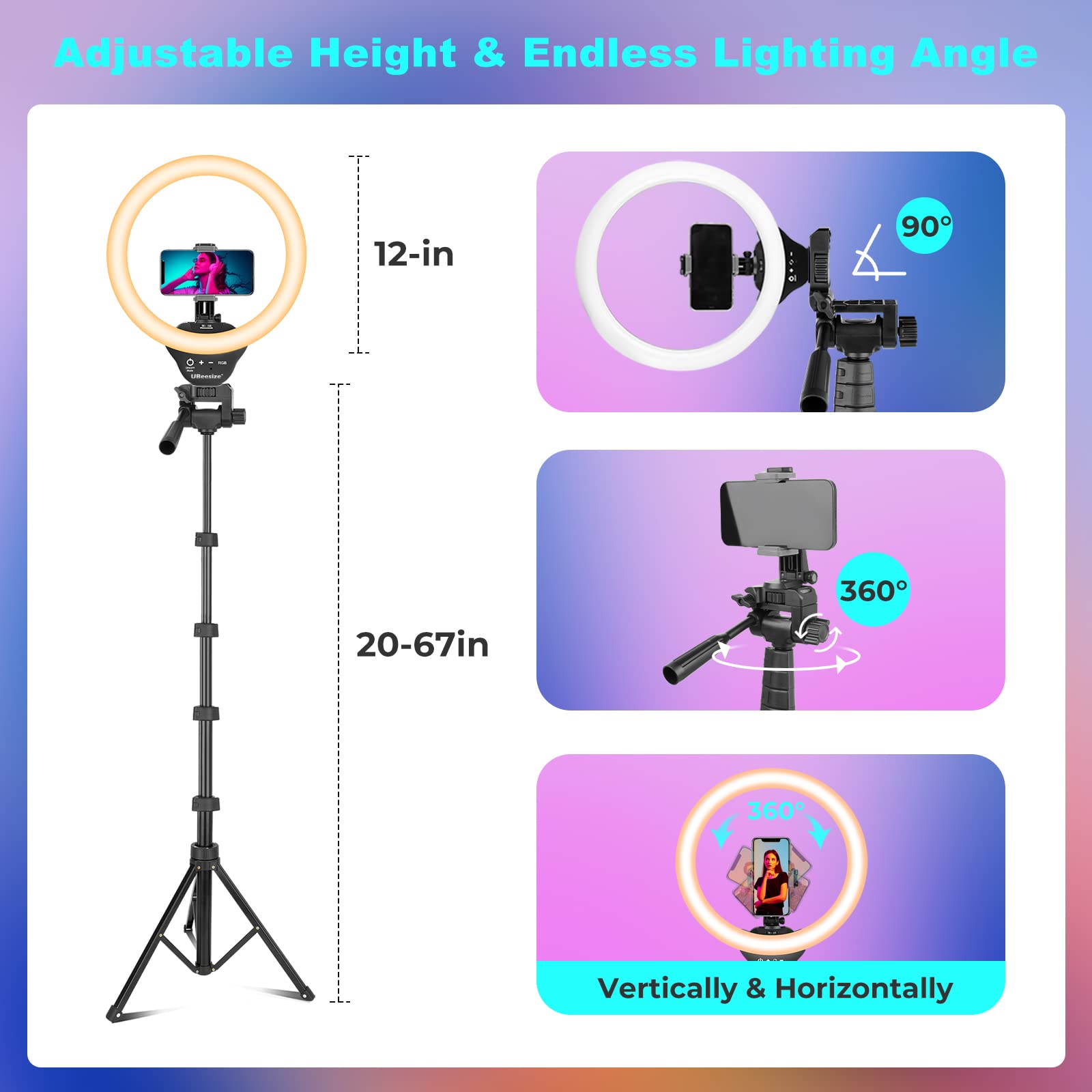 UBeesize Lampa pierścieniowa 12 cali RGB, statyw 170 cm ze zdalnym wyzwalaczem, 3 kolory i model 35 RGB, przyciemniane światło pierścieniowe do selfie, stream na żywo, makeup, Tik Tok, YouTube