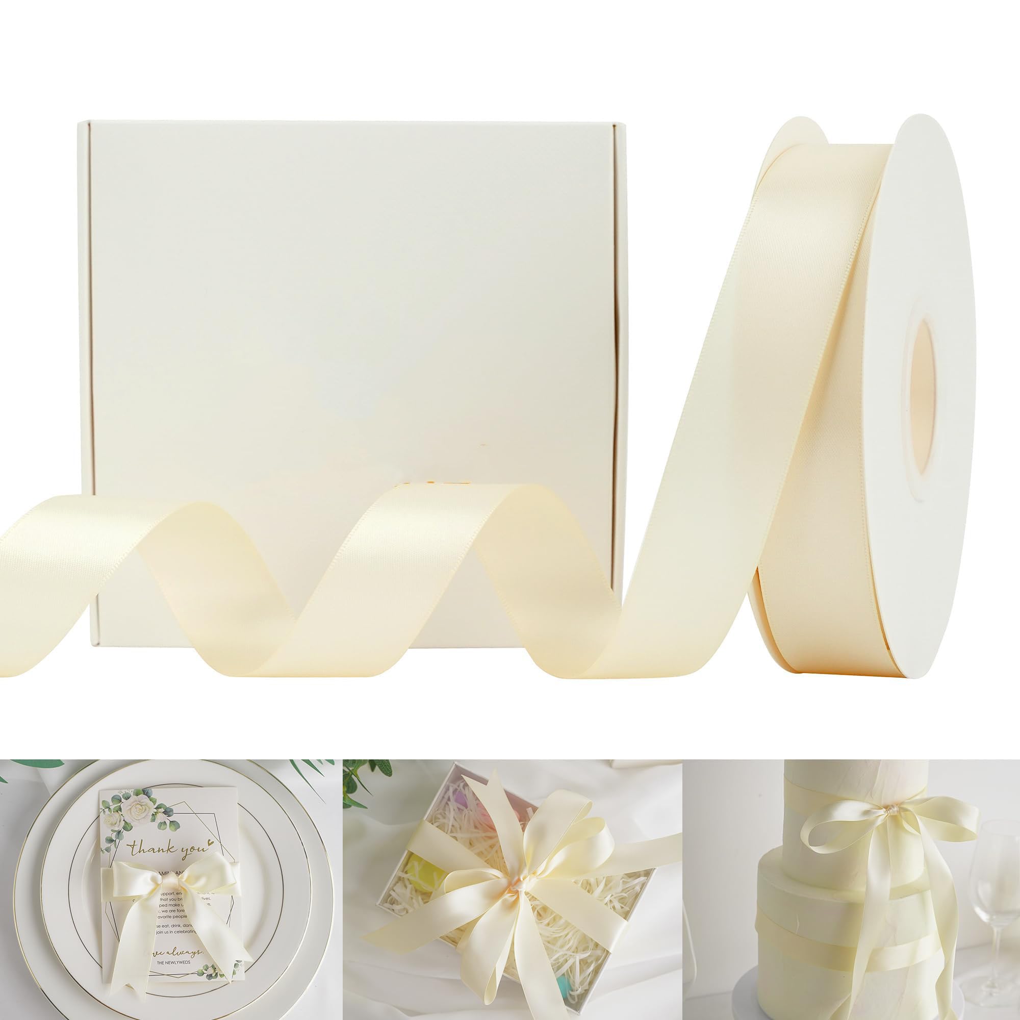 Parlberd Cream Ribbon Double Face Satin Ribbon 1 Inch Moss Ribbon for Flower Bouquet Wrap, Baby Shower Party Decorations, Wedding Invitations, Gift Wrapping, Holiday Decor, Hair Bows -50 Yards/Roll