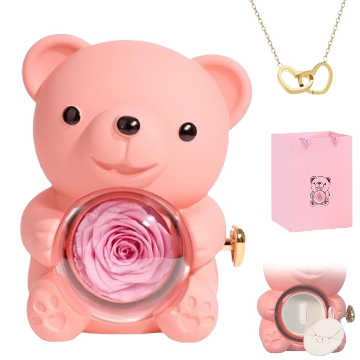 Collier Coeur Gravé Avec Boîte Cadeau Ours Rose Préservée - Parfait Pour Grand-Mère, Petite Amie