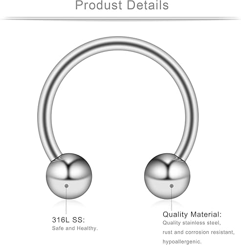 Miniatura 2 de Ruifan 16G Aretes de acero quirúrgico tipo herradura para nariz, tabique, ceja, lengua, labio, pezón, hélix, tragus, anillo de piercing 6-16mm