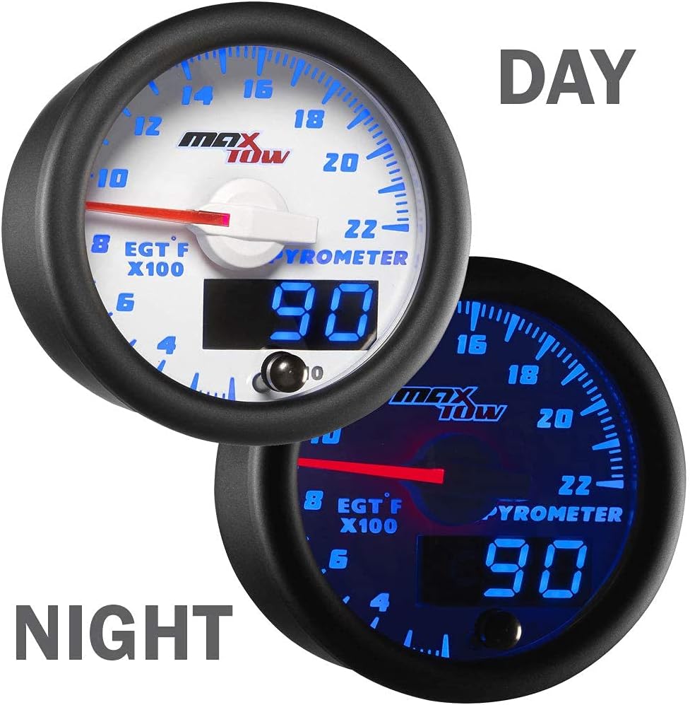 MaxTow Double Vision 2200 F Pyrometer Exhaust Gas Temperature EGT Gauge Kit - Includes Type K Probe - White Gauge Face - Blue LED Dial - Analog & Digital Readouts - for Gas Trucks - 2-1/16" 52mm