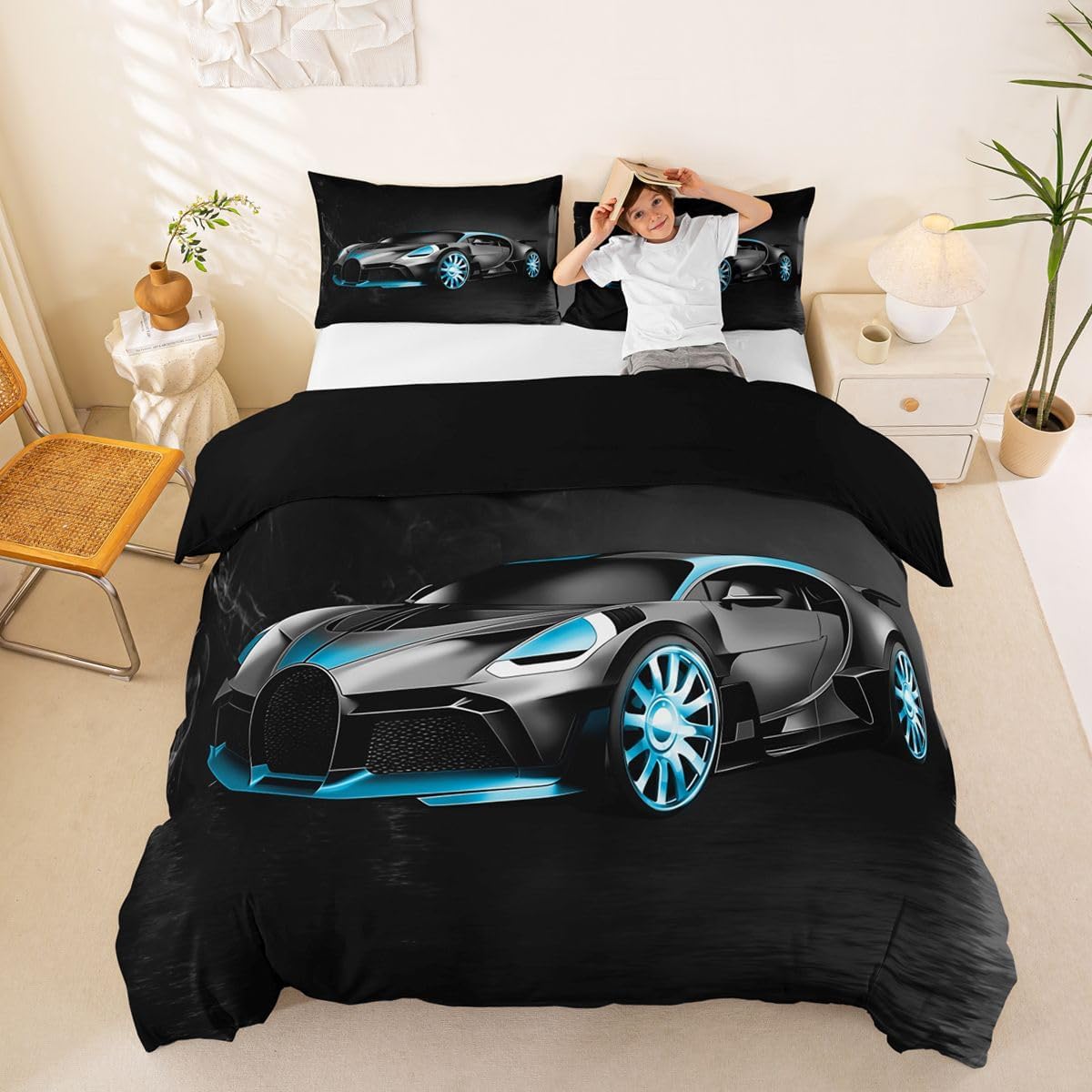 Feelyou Racing Car Bedding Set for Boys Kids Teens Men Extreme Speed Sports Themed Comforter Cover Competition Bedroom Decor Full Size 3 Pcs (1 Duvet Cover +2 Pillow Shams), Luxury Black