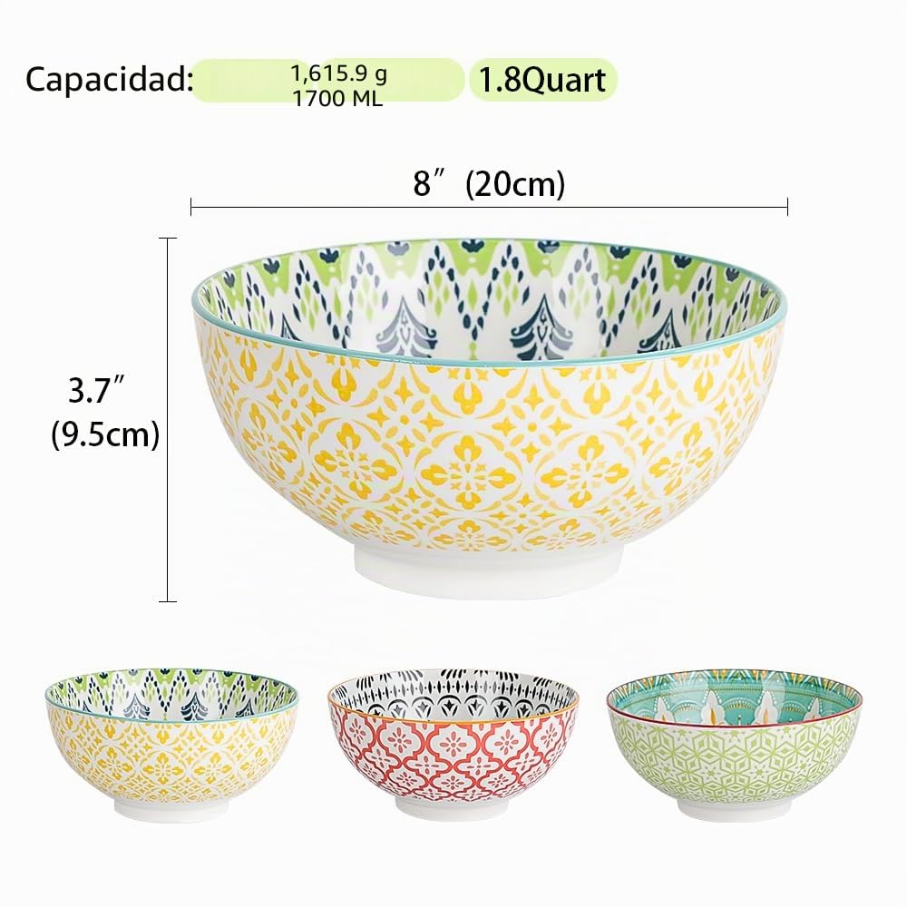 AHX Ensaladera Cuenco Ramen 1.7 Liters - Bol Ensalada Porcelana - 3 Piezas Grande Cuencos Sopa 20 cm - Aptos para Lavavajillas y Microondas
