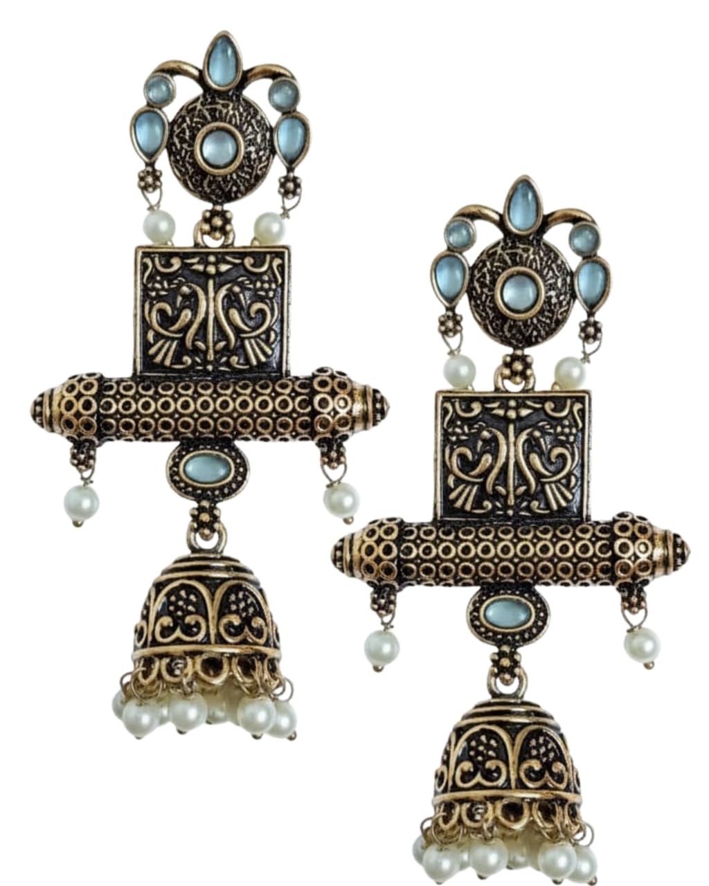 Traditional Antique Gold Jhumka Earrings for Women, Stone Accents and Pearl Drops – Temple Jewellery for Weddings-picture-55