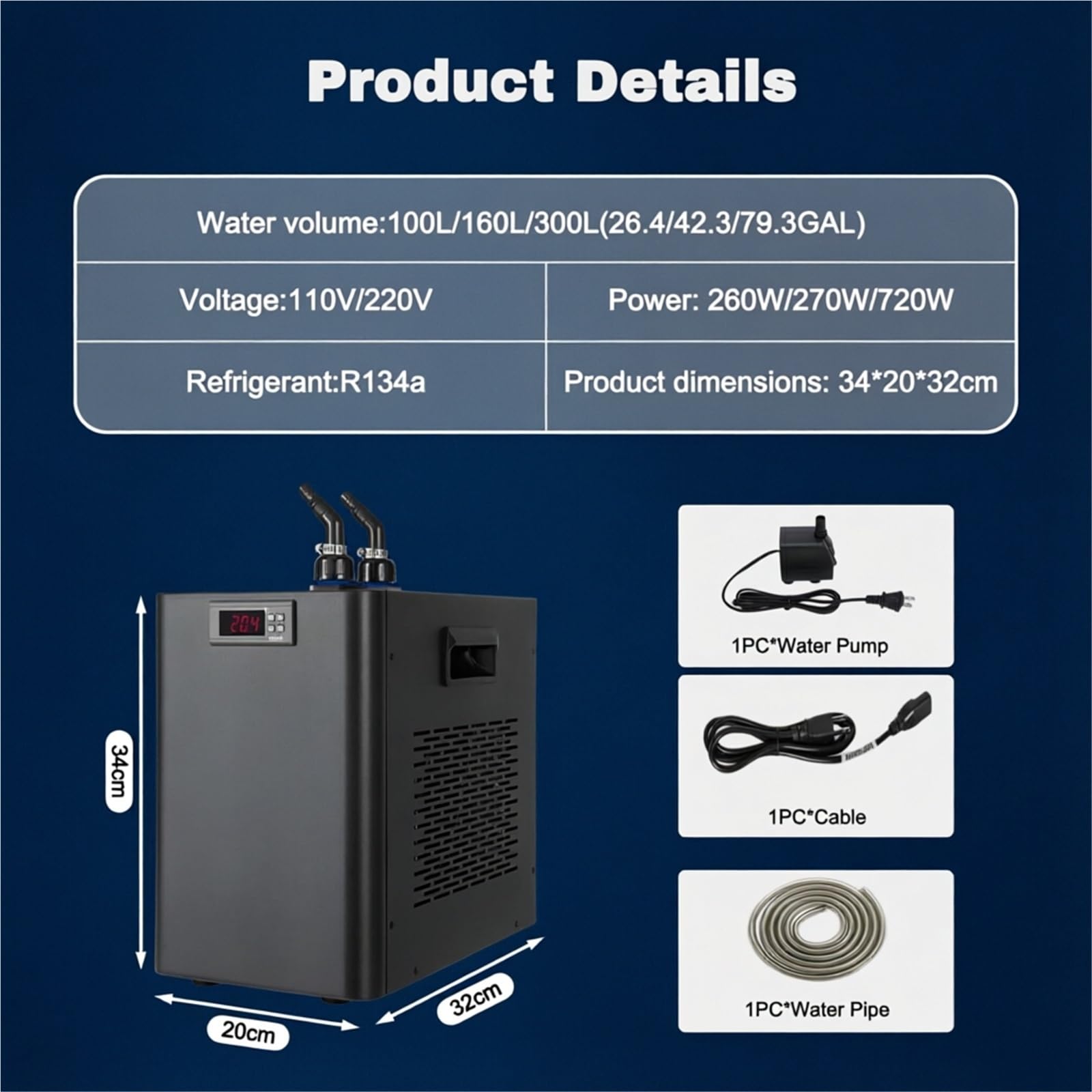 Enfriador de Agua para Cultivo de 26.4/42.3/79.3 galones, Enfriador de Acuario de Alta Resistencia, Temperatura Ajustable de 5 a 40 °C, para Agua Dulce y Salada(100L(26gal))